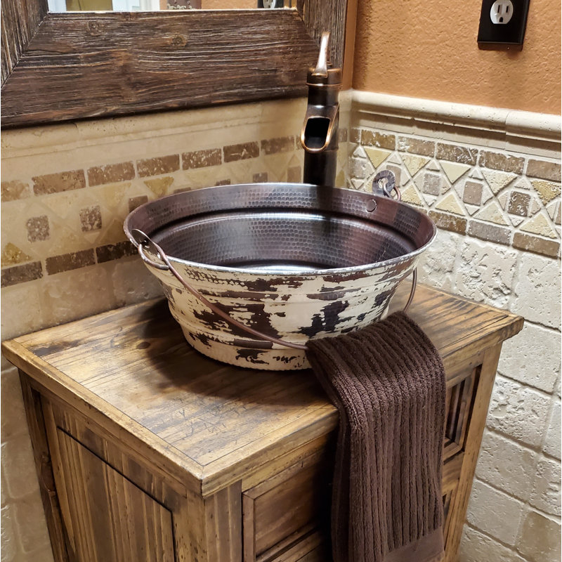 15" Vintage Bucket / Pail Copper Vessel Bathroom Sink with a Distressed White Exterior