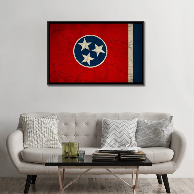 «Flags Tennessee Map», impression sur toile tendue, H 18 po x l 26 po x P 1,5 po, Toile avec cadre noir, Pas de tapis