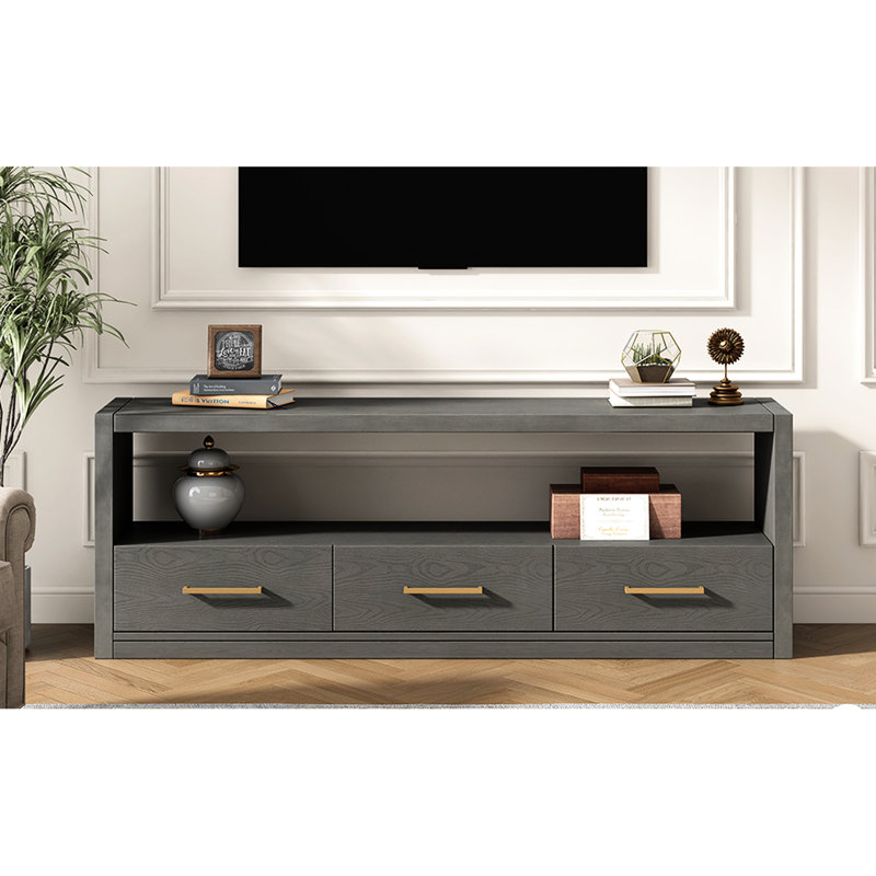Meuble télé élégant avec rangement spacieux, design classique avec trois tiroirs et une surface spacieuse, poignées en métal minimalistes, polyvalent comme console de télévision ou armoire d'appoint
