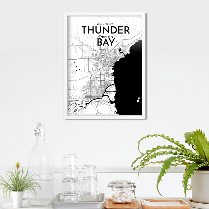 Thunder Bay City Map, impression, Noir et blanc, H 24 po x l 18 po