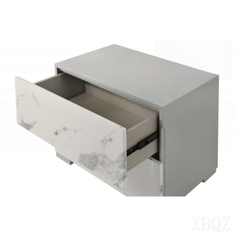 Table de chevet moderne laquée blanc / gris avec stratifié marbre