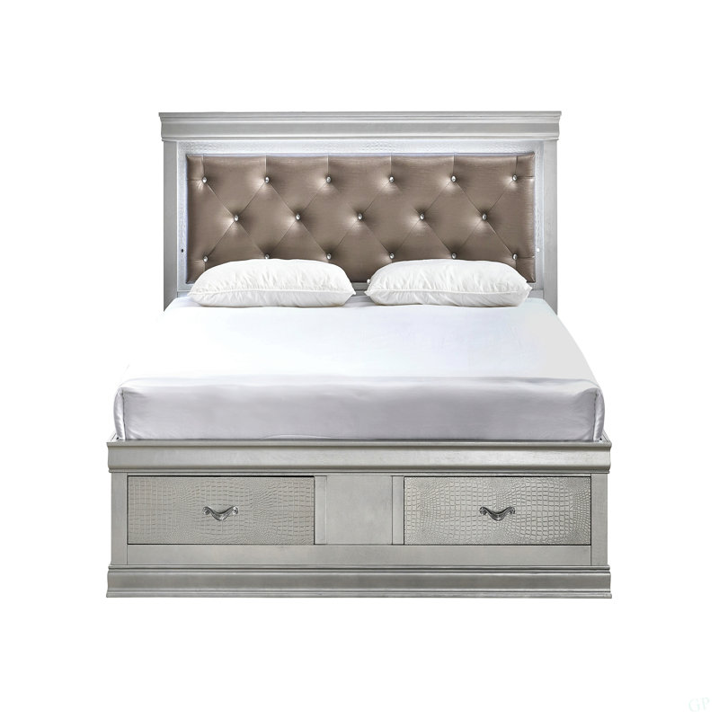 Lit plateforme tapissier avec rangement (matelas non inclus), Argent, Lit double