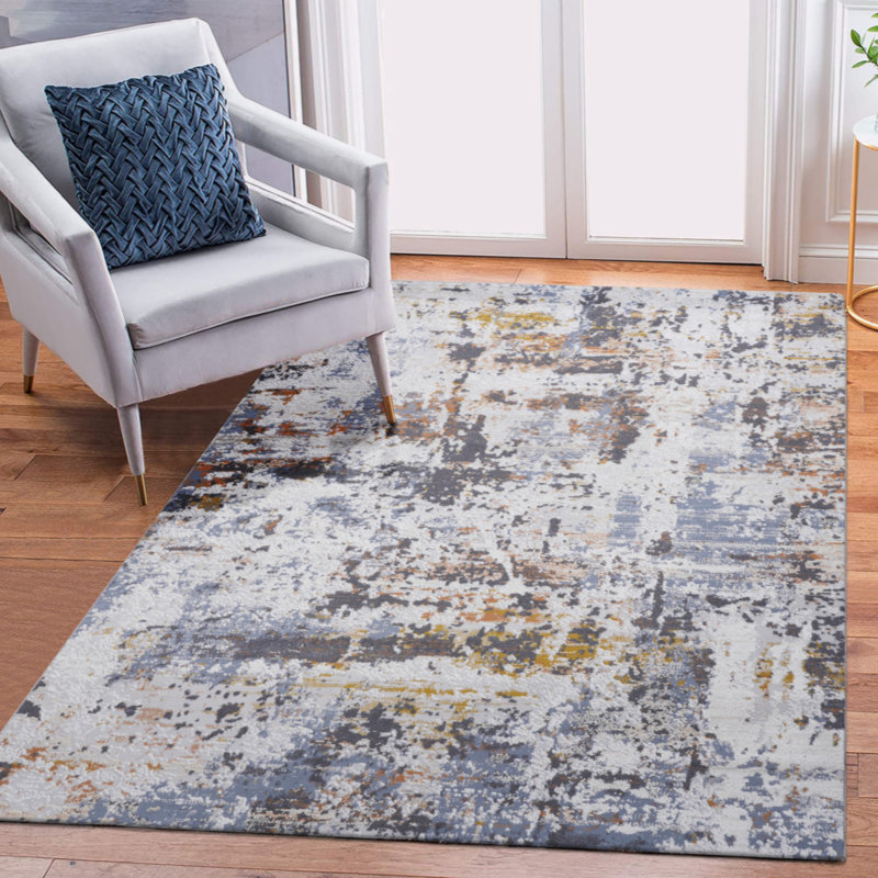 Collection Ivory/Blue /Abstract Non-Shedding Living Room Bedroom Dining Home Office Stylish And Stain Resistant Area Rug