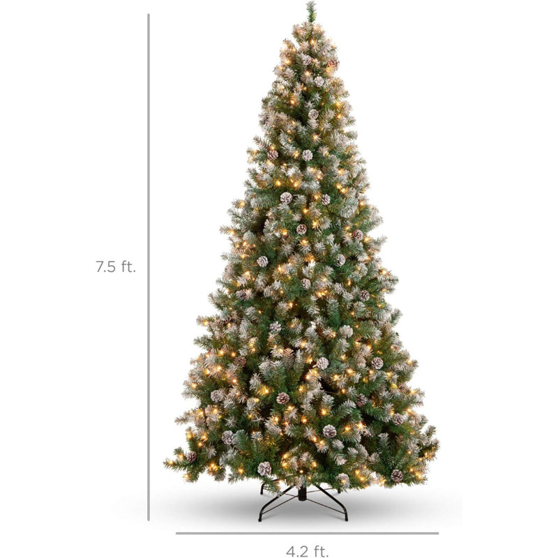 Pre Lit Pre Decorated Pine Hinged Artificial Christmas Tree Flocked Frosted Tips 80 Pine Cones 550 Lights Metal Base