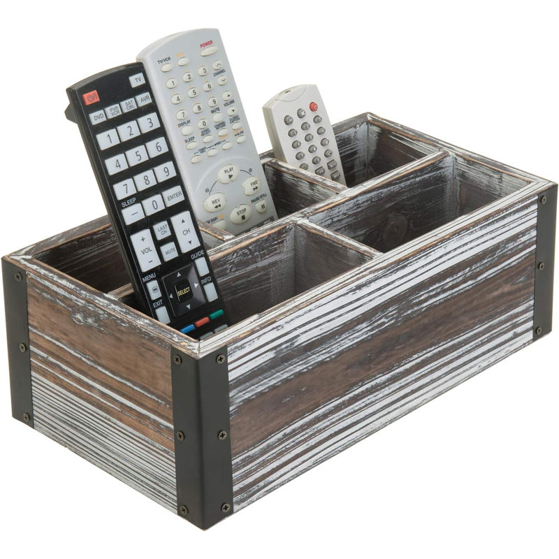 Rustic Torched Wood 5-Compartment Remote Control Holder, Media Storage Organizer Caddy