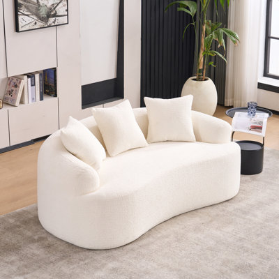 Curved Loveseat White Full Compression Sponge Sofa, 30D Chenille No-Assembly Compact Sofa For Small Spaces & Apartments, 65"L, 300 Lbs, 3 Pillows