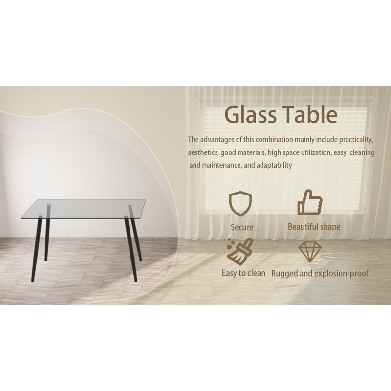 Table de salle à manger de 51 po en verre rectangulaire minimaliste moderne pour 4 à 6 personnes avec plateau en verre trempé de 0,31 po et pieds en métal noir, bureau de table d'écriture, pour la cuisine, le salon et la salle à manger (0 dégât)