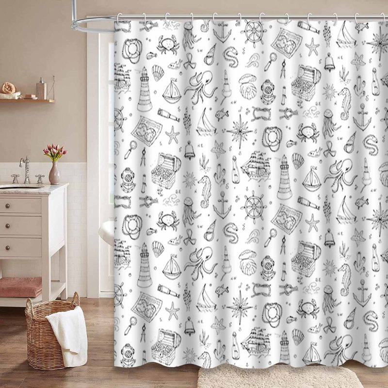 Rideau de douche imperméable Doodle Boat Nautical Marine Life avec 12 crochets, L 72 po x l 84 po