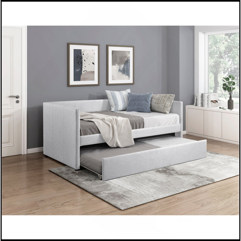 1Pc Daybed With Trundle Fabric Upholstery Wooden Frame Modern Home Furniture, Gray