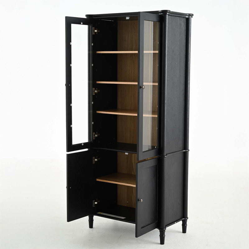 Vitrine de style Mid-Century de 73,25 po de haut avec portes en verre, tablettes réglables et finition élégante en grain de bois pour un rangement et une présentation polyvalents