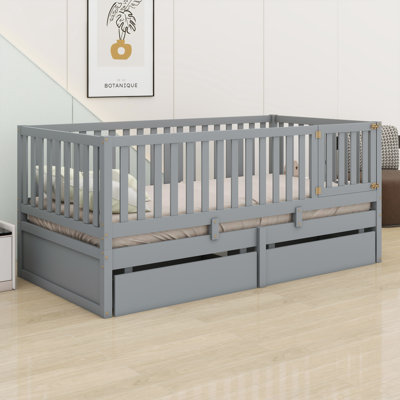 Wood Daybed With Fence Guardrails And Drawers