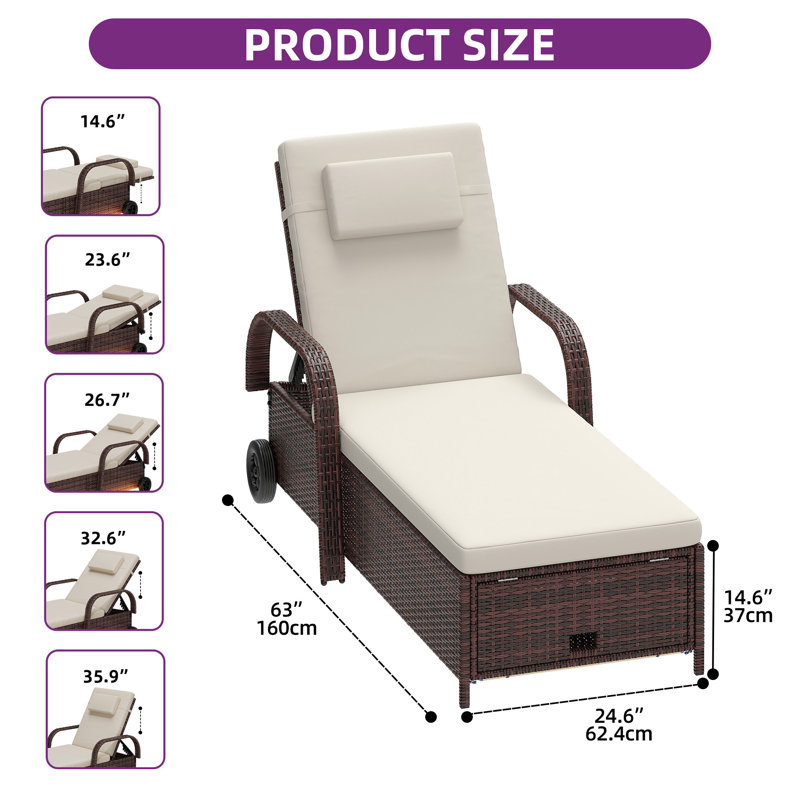 Chaise longue d'extérieur en osier avec espace de rangement et lumières DEL, Beige