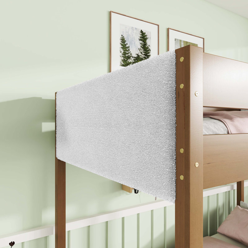 Natural Rubber Wood Twin-Over-Twin Bunk Bed With Boucle Upholstered Headboard, Footboard, Ladder, And Safety Guardrails