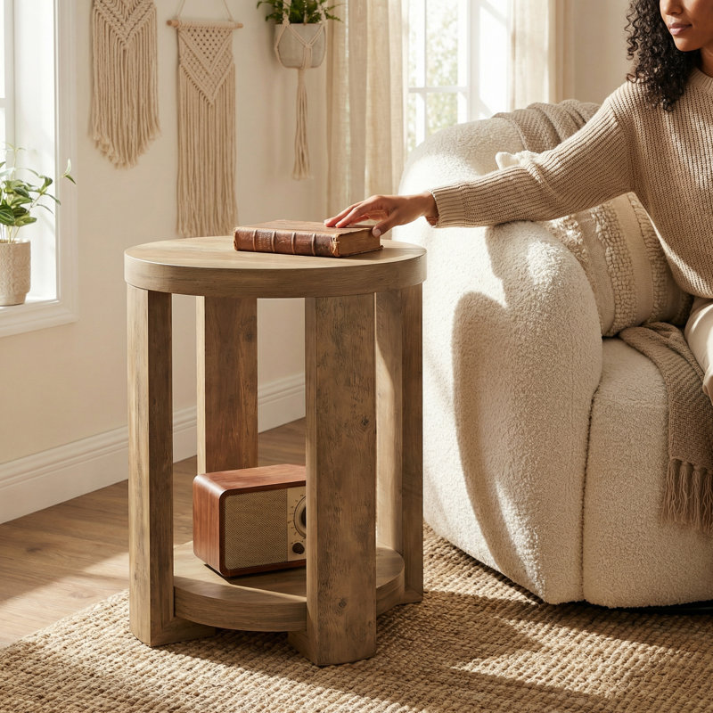 Round Side Table, 2-Tier End Table For Living Room, Brown