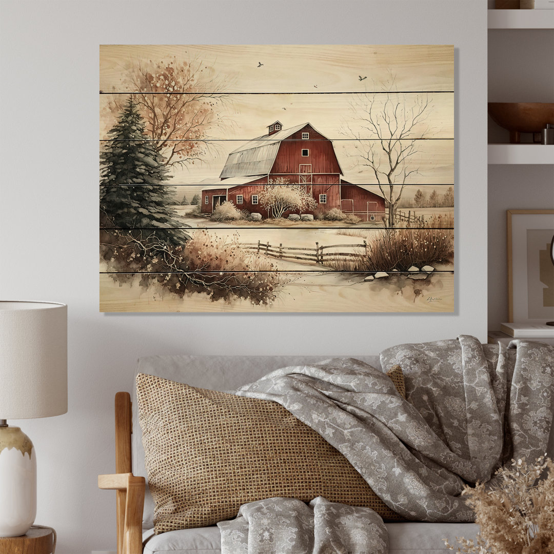 Alise Calm Red Barn In Winter I - Unframed Print on Wood August Grove® 
