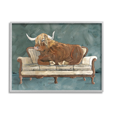 Shaggy Cattle Resting Living Room Couch Green Gray - Floater Frame Painting on Wood