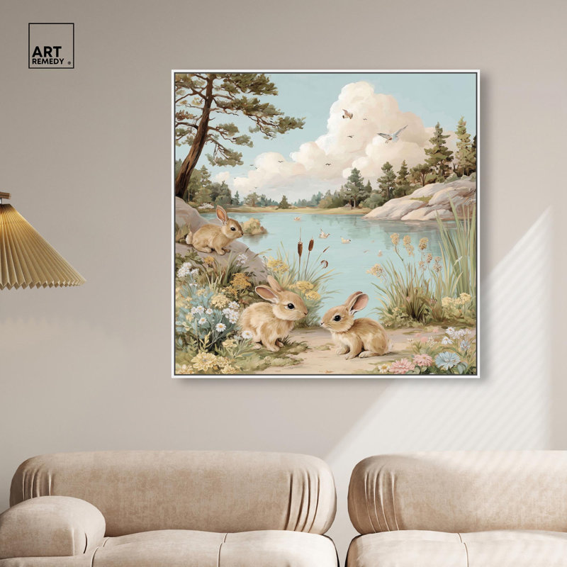Impression sur toile Lakeside Bunny Haven par Art Remedy, cadre blanc, 40 x 40, H 41 po x l 41 po, Cadre blanc
