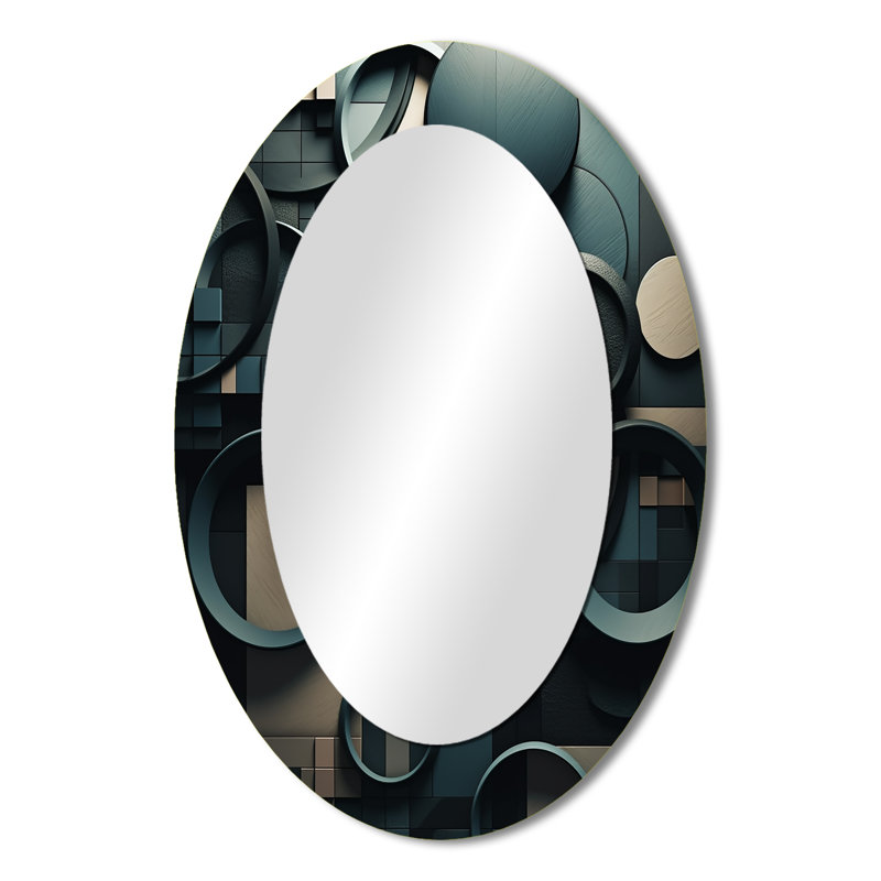 Teal Fragmented Forms - Miroir décoratif ovale abstrait sur métal, 36 po x 24 po