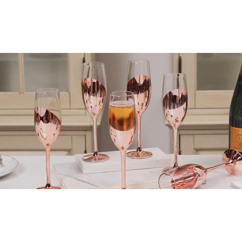 Set of 6 Rose Gold Stemmed Champagne Flute Glasses