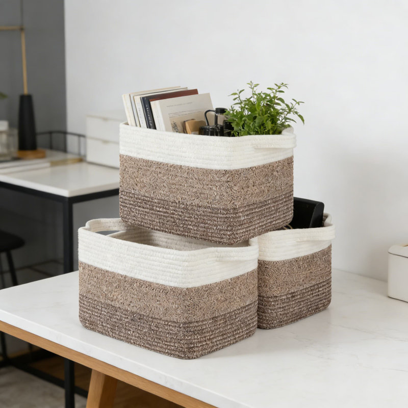 Woven Storage Baskets 3-Pack, Rectangular Decorative Organizer Bins For Shelves, Closet, Nursery, Handmade From Soft Natural Cotton Rope For Toys, Books, Clothes & Towels