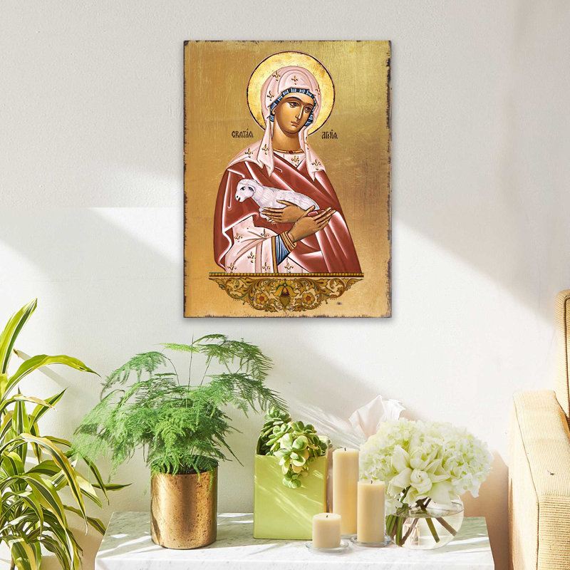 Icône de Sainte Agnie - peinture sur bois, L 9 po x H 12 po