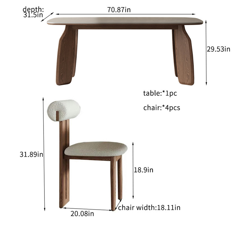 Ensembles de table de salle à manger modernes en bois massif avec plaques en pierre., H 29,53 po x L 70,87 po x l 31,5 po