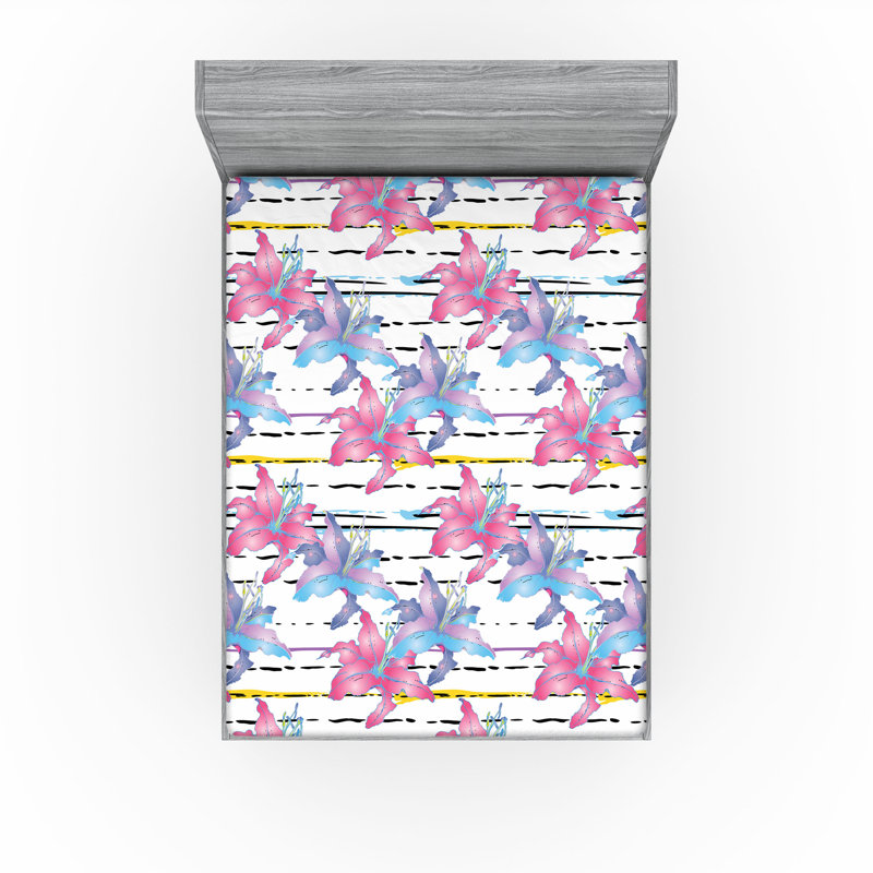 Drap-housse Ambesonne, Drap-housse très grand californien, Rose vif / bleu azur pâle / motif floral bleu