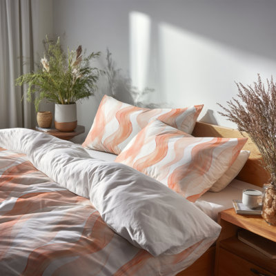Modern Bedding Set Of 3 - Abstract Orange And White Terra Lines Duvet Cover And Throw Pillow Set