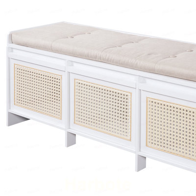 Banc d'entrée pour chaussures, banc de rangement rétro avec tiroirs en rotin et coussin rembourré capitonné pour le salon, le couloir, le vestibule, l'escalier