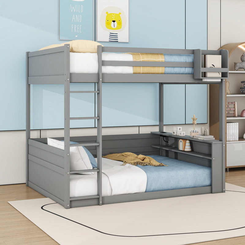 Grand lit superposé en bois avec DEL, station de charge et tablettes, gris