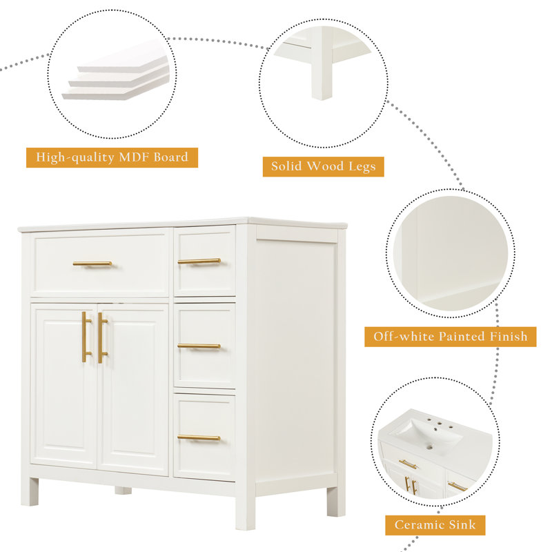 Meuble-lavabo simple 36 po avec comptoir en céramique Lasseter, Blanc