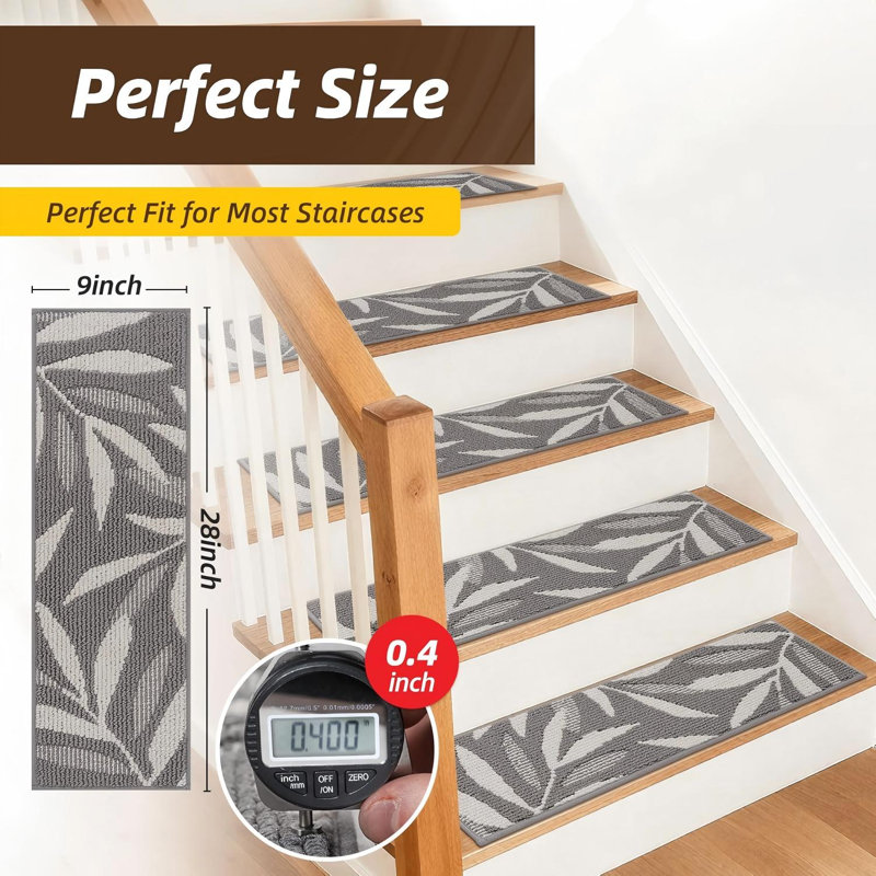 Tapis d'escalier pour marches en bois avec motif de feuille 3D, avec support en TPE, gris