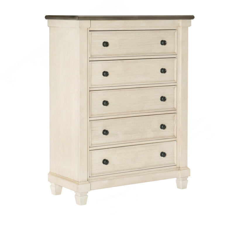 Meuble de chambre transitionnel style rustique 1pc de 5 tiroirs blanc antique et brun rosé