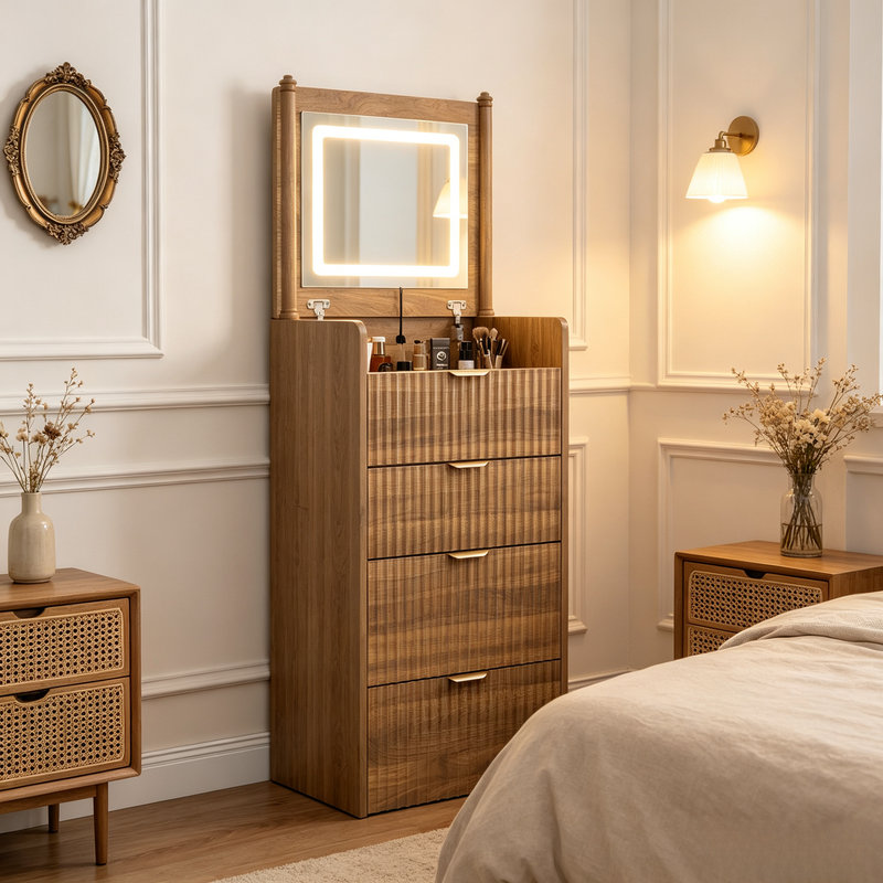 Meuble-lavabo 3 en 1 avec 3 tiroirs et tabouret à roulettes