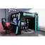 Lit mezzanine double en bois de couleur bleu nuage avec rangement sous le comptoir, éclairage et bureau latéral pour un espace de jeu parfait.