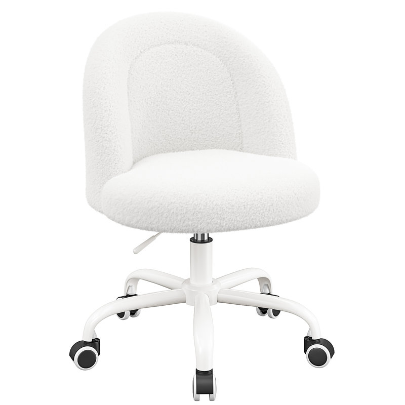 Armless Office Desk Chair With Wheels, Soft Lumbar Support Vanity Chair For Small Space,Bedroom, Height Adjustable, White