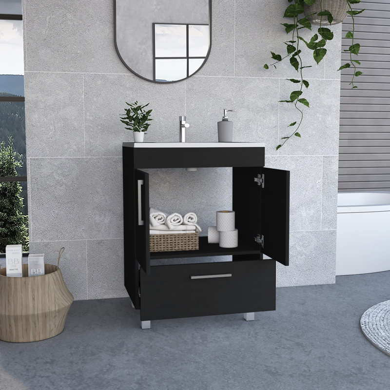 Meuble-lavabo de salle de bain moderne avec armoire 2 portes, 1 tiroir, 4 pieds en métal Othello, Noir, Noir