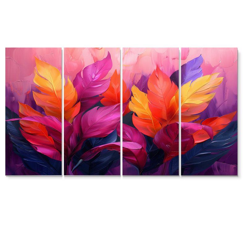 «Pink Yellow Feathered Fantasy I», ensemble de reproductions d'art mural plumes, H 28 po x l 48 po