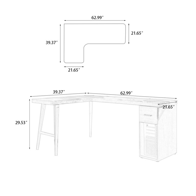 Bureau double caisson en L en bois massif avec 1 tiroir, Retour à gauche, H 29,53 po x l 62,99 po x P 39,37 po
