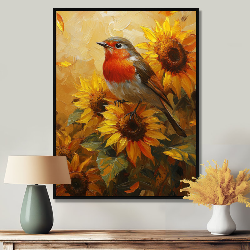Oiseau djenabas à la ferme - tournesols II, Noir, Impression encadrée flottante, H 20 po x l 12 po