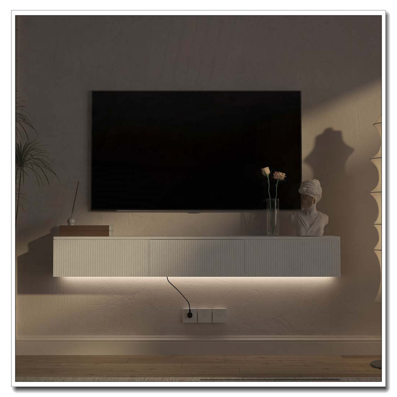 Meuble télé flottant fixé au mur avec 16 DEL de couleur, Blanc