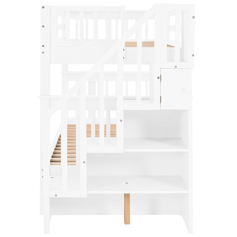 Lit superposé d'escalier avec de grands espaces de rangement et garde-corps, options pratiques blanches Twintwin