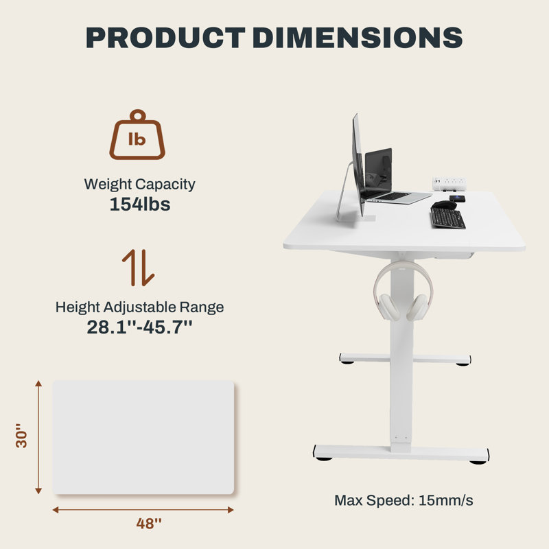 Bureau debout ajustable, bureau entier, Blanc, L 48 po x P 30 po