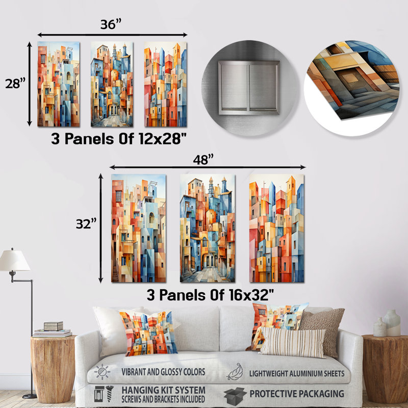 Multicolore cubisme, paysage urbain - ensemble de 3 reproductions d'art mural en métal cubisme, H 28 po x l 36 po