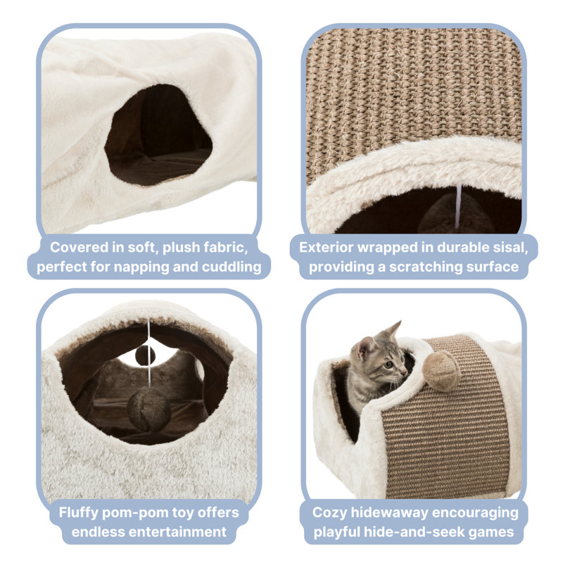 Cream and Brown Sisal Cat Tunnel with Plush Condos