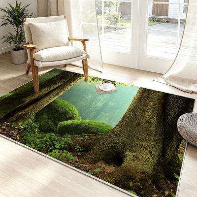 Green Machine Washable,Forest Landscape Old Trees Tree Trunk Rock Deep Indoor Area Rug