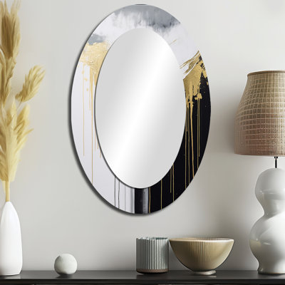 Golden River Wildness abstrait doré et noir III - Miroir décoratif abstrait ovale sur métal