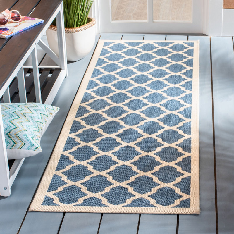 Bordeaux Geometric Blue/Beige Area Indoor/Outdoor Area Rug, Runner 2'3" x 10'