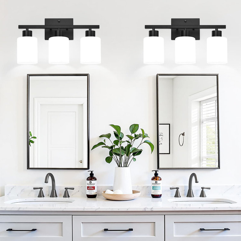 Luminaire de salle de bain 3 lumières avec abat-jour en verre givré, applique murale de salle de bain moderne noire avec douilles E26 pour éclairage de miroir, chambre à coucher, salon
