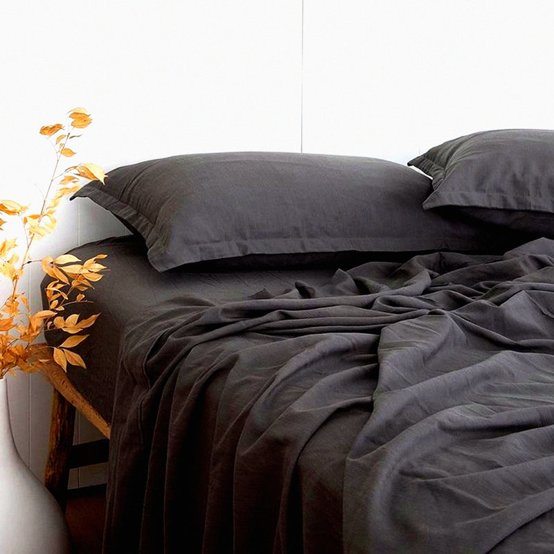 BambooCool LinenBlend Queen Sheets - Charcoal Grey, Soft & Breathable for Hot Sleepers. Natural, Deep Pocket 4 Piece Set